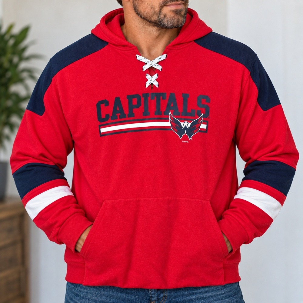 NHL Washington Capitals Lace Up Hoodie Mens XL Red Navy Blue Hockey Pullover